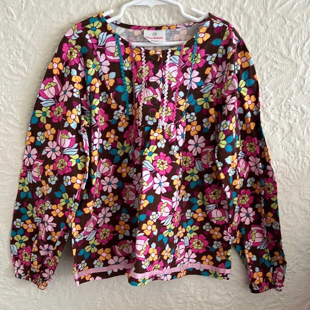 Hanna Andersson Floral Long Sleeve Trapeze Top Shirt Brown Pink Orange Blue 10